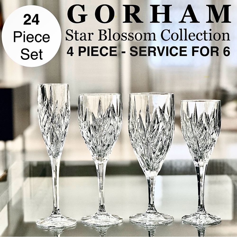 Vintage Star Blossom Crystal Stemware Set Rare 4 pc Service for 6 (24 pcs total)